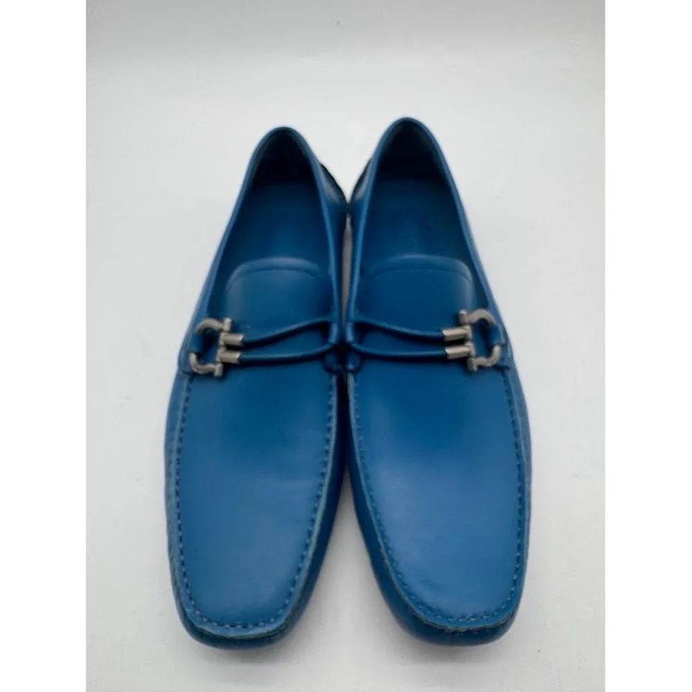 Salvatore Ferragamo Paris Blue Leather Gancini Driving Loafers Mens 8.5 D Italy